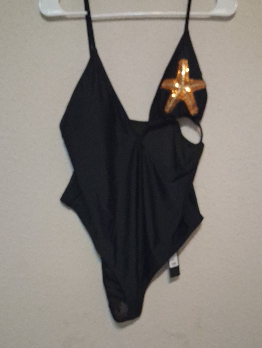 Fashion Nova Black One-Piece Swimsuit with Gold Star Appliqué